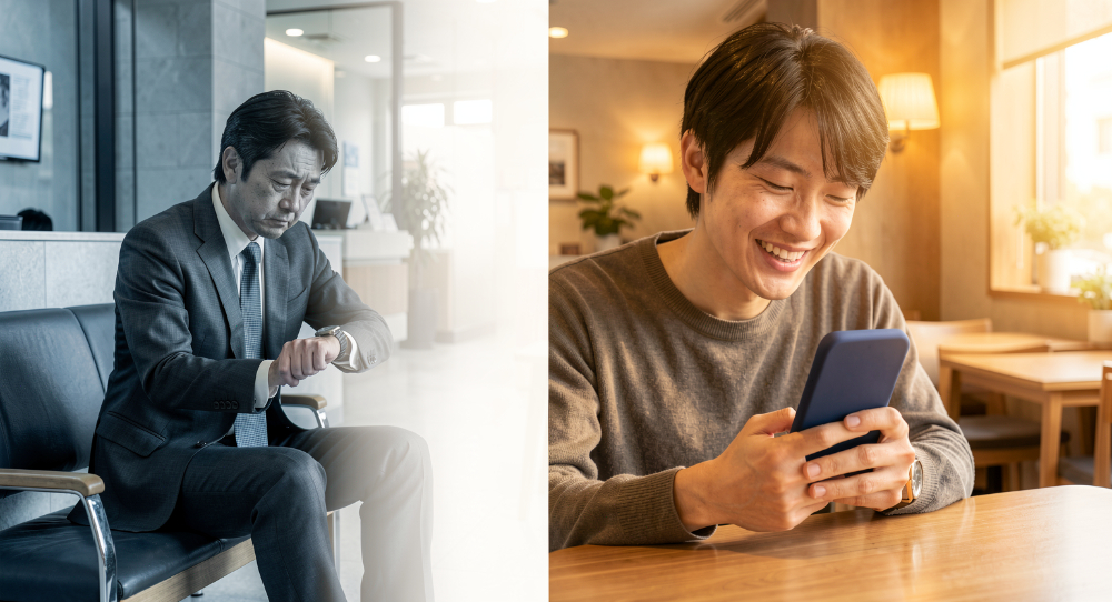 銀行窓口で順番を待つビジネスパーソンと、カフェで気軽にスマートフォンを操作するフリーランスの対比